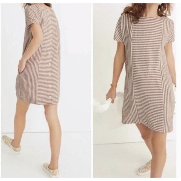 Madewell Dresses & Skirts - Madewell S Red White Stripe Play Button Back Linen Blend Shift Mini Dress G5305